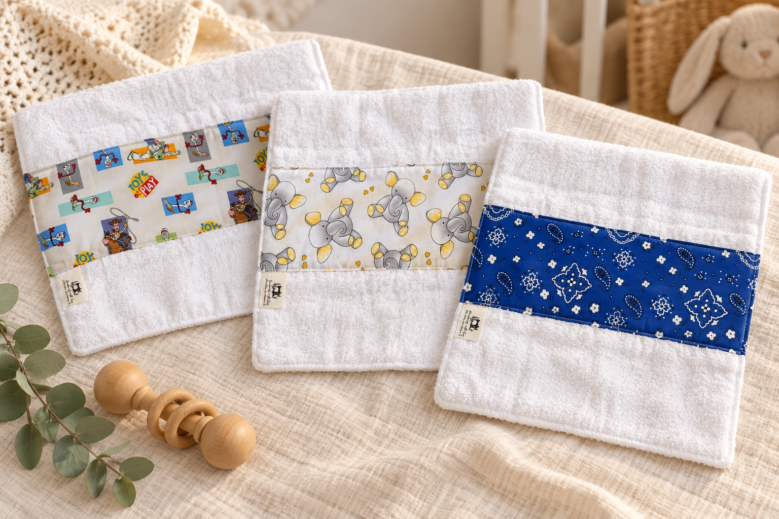Three white handmade burp cloths customized with colorful character, elephant and blue paisley fabric panels
